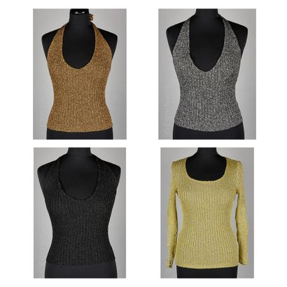 LORIS AZZARO ENSEMBLE en tricot lurex noir, doré, argenté et jaune : trois tops à...