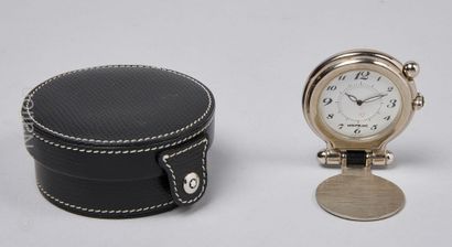 MONTBLANC TRAVEL CLOCK in chromed metal, cover lacquered with the initials, round...