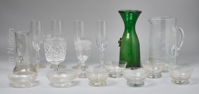 VERRERIE Part of services of glass stemmed glasses with engraved decoration of rhombuses...