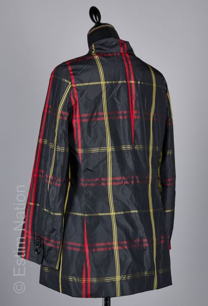 MOSCHINO JACKET in black silk taffeta featuring a plaid pattern, two false pockets,...