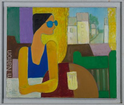ATELIER ANDRE GUILLOU (1925-2017) Au café. Huile sur toile. Signée en bas à gauche....