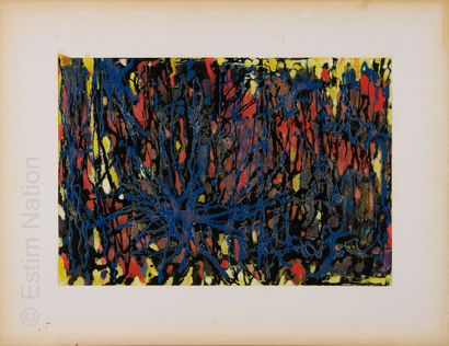 ATELIER ANDRE GUILLOU (1925-2017) Composition aux coulures bleues et noires, sur...