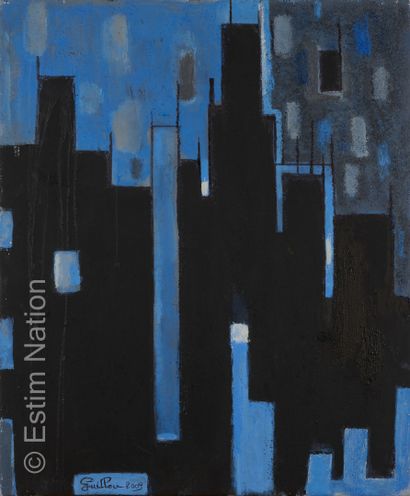 ATELIER ANDRE GUILLOU (1925-2017) Composition en noir et bleu
Huile sur toile sablée....