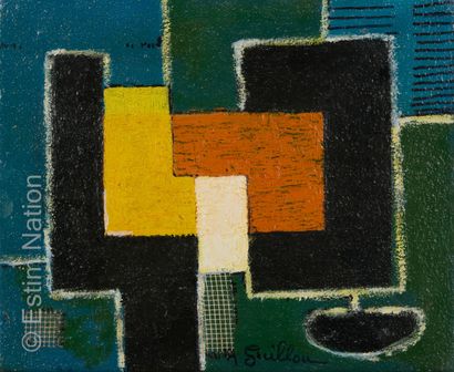 ATELIER ANDRE GUILLOU (1925-2017) Composition géométrique au rectangle blanc
Huile...