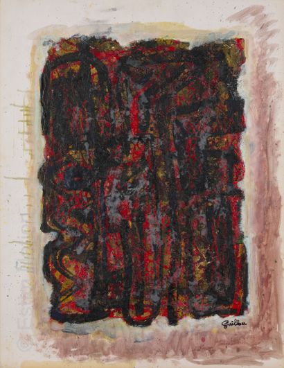ATELIER ANDRE GUILLOU (1925-2017) Abstraction en rouge noir et or
Technique mixte...