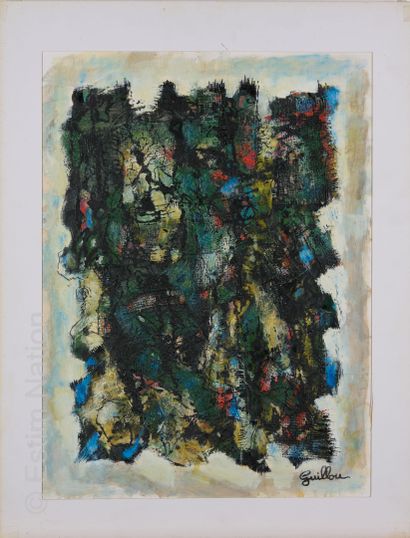 ATELIER ANDRE GUILLOU (1925-2017) Composition abstraite
Huile sur carton et collages...