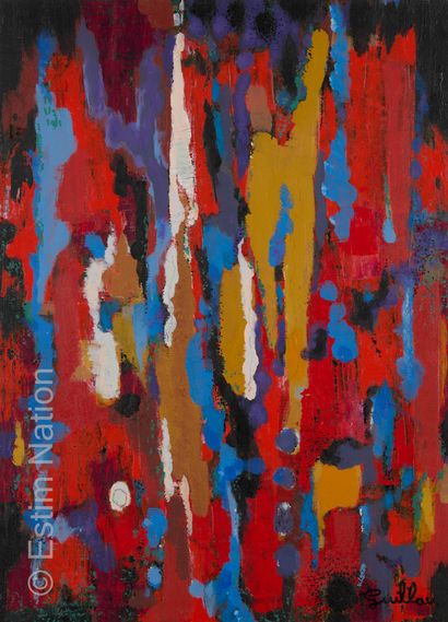 ATELIER ANDRE GUILLOU (1925-2017) Composition à fond rouge
Huile sur carton Signée...