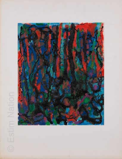 ATELIER ANDRE GUILLOU (1925-2017) Coulures noires sur fond rouge vert et bleu
Technique...