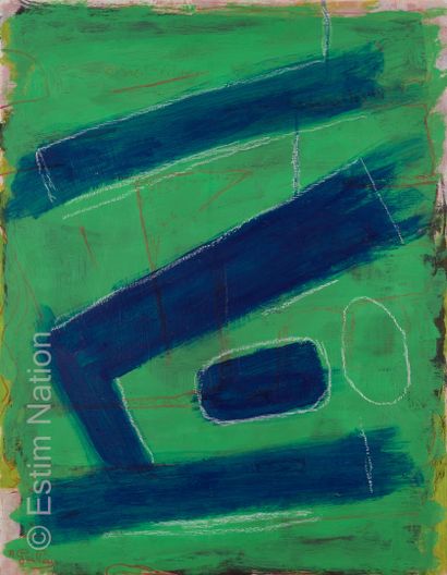 ATELIER ANDRE GUILLOU (1925-2017) Composition en bleu sur fond vert
Huile sur isorel...
