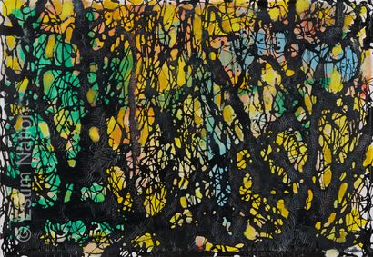 ATELIER ANDRE GUILLOU (1925-2017) Composition en noir sur fond jaune nuancé vert
Technique...