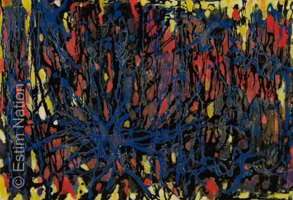 ATELIER ANDRE GUILLOU (1925-2017) Composition aux coulures bleues et noires, sur...