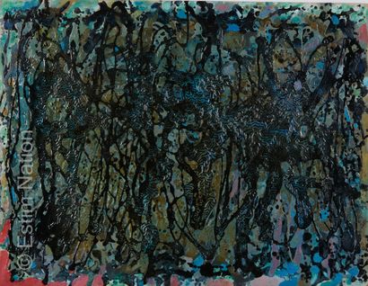 ATELIER ANDRE GUILLOU (1925-2017) Composition en noir sur fond nuancé gris bleu
Technique...