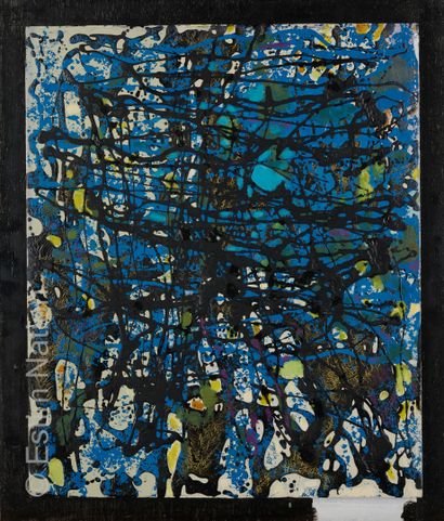 ATELIER ANDRE GUILLOU (1925-2017) Effets de mouvements en noir sur fond bleu jaune...