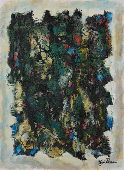 ATELIER ANDRE GUILLOU (1925-2017) Composition abstraite
Huile sur carton et collages...
