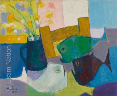 ATELIER ANDRE GUILLOU (1925-2017) Nature morte au vase et au poisson 
Huile sur toile....
