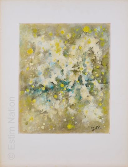 ATELIER ANDRE GUILLOU (1925-2017) Composition en jaune blanc et gris
Huile sur carton....