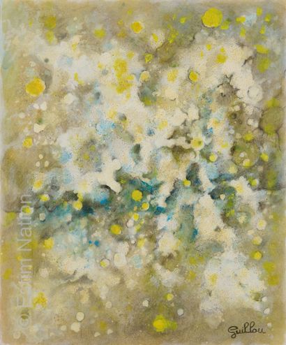 ATELIER ANDRE GUILLOU (1925-2017) Composition en jaune blanc et gris
Huile sur carton....