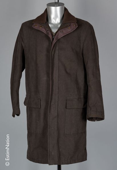 HUGO BOSS Woven cotton coat in green and chocolate tones, double ribbed wool collar,...