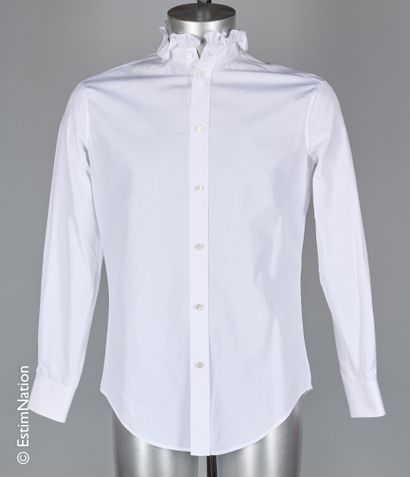 CELINE White cotton shirt, ruffled collar (T 37)