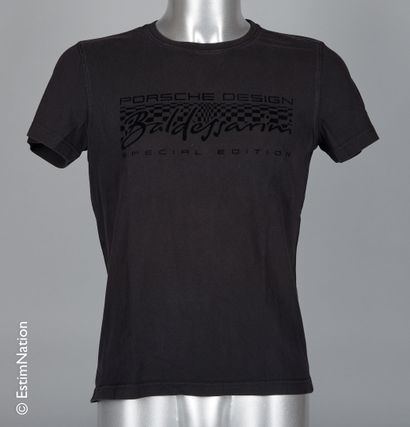 PORSCHE DESIGN TWO printed black cotton TEE SHIRTS (T M and T L) (minor wear)