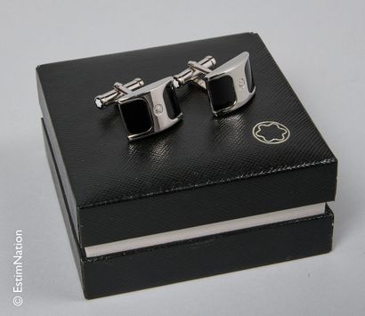 MONTBLANC PAIR OF HANDLEBUTTONS in silver-plated metal and black resin (box, ove...