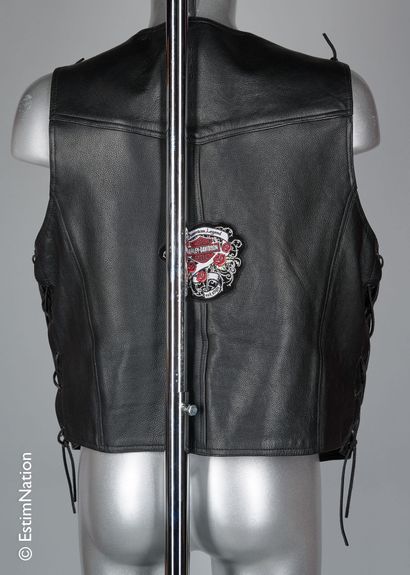 SACE Black grained leather motorcycle GILET, laces, embellished with "Harley Davidson"...