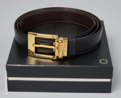 MONTBLANC Reversible belt in black and brown calfskin, gold-plated buckle (length:...