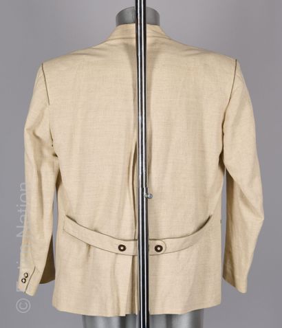 STEINBOCK Austrian jacket in beige woven cotton and linen, green collar braid and...