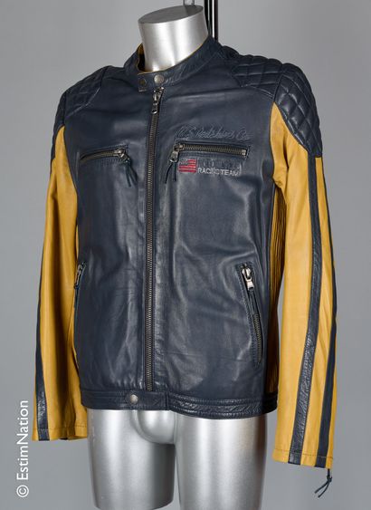 REDSKINS MOTORCYCLE BLOUSON in petrol blue and saffron partially quilted lambskin...