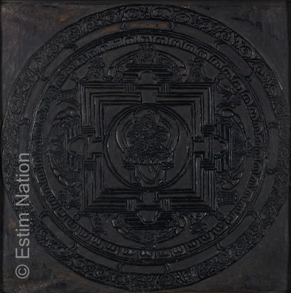 TIBET Black or blackened wood stamp, intaglio-carved with a mandala.
Framed under...