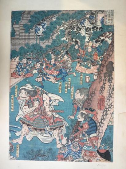 JAPON - XIXE SIÈCLE 8 Oban tate-e parties de tryptiques, dont quatre par Toyukuni...