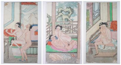 CHINE Lot de trois dessins érotiques à l'aquarelle et gouache 21 x 11 cm Salissures...