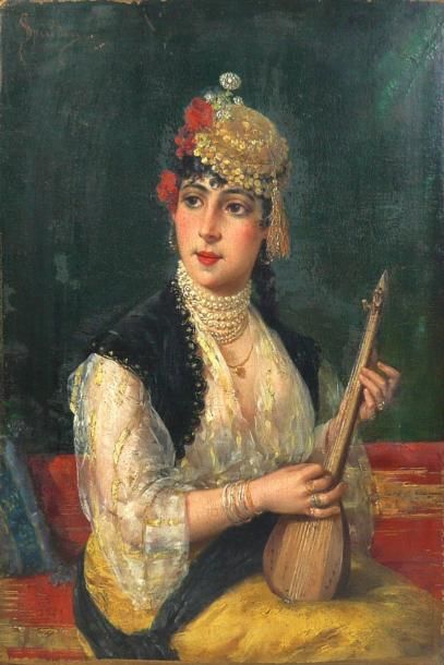 Ignace SPIRIDON (1869-1900) "Femme à la cithare" Huile sur panneau signé en haut...