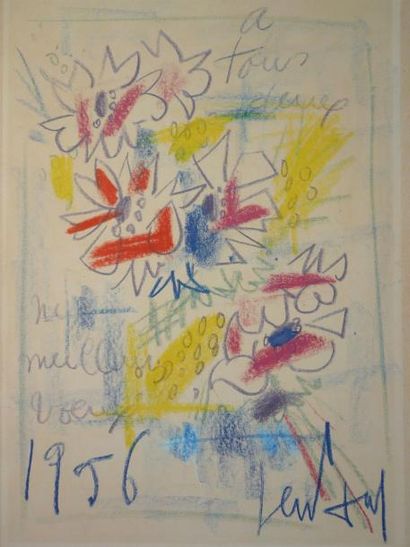 GEN PAUL (1895-1975) "Bouquet de fleurs" Dessin au crayon gras de couleur contrecollé...