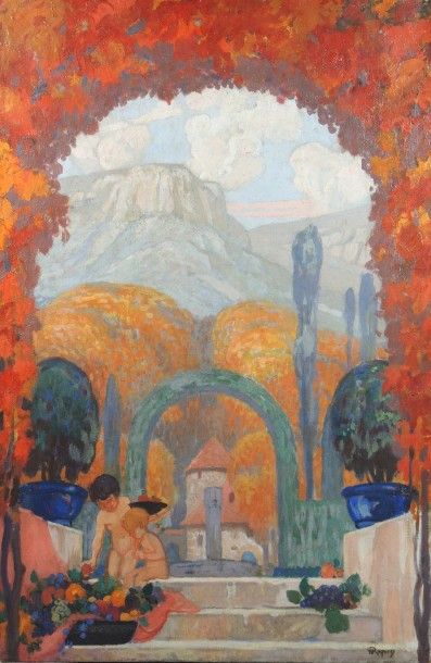 HENI RAPIN (1873 - 1939) "Paysage provençal avec 2 enfants sur fond de montagne Sainte-Victoire"

Huile...