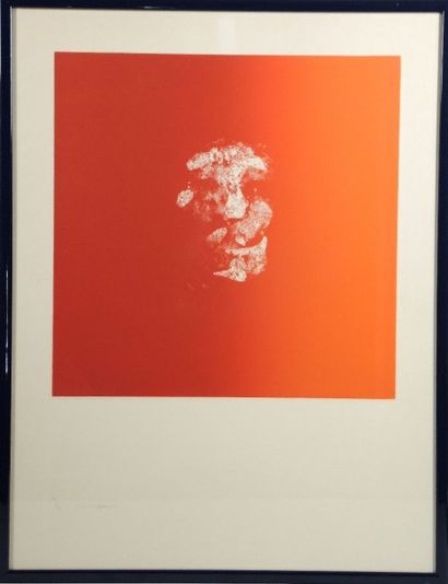 Louis LE BROCQUY (1916-2012) "Visage sur fond rouge orangé". Aquatinte en couleurs....