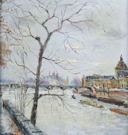 Serge BELLONI (1925-2005) "Vue de la Seine, l'institut de France et le Pont des Arts...