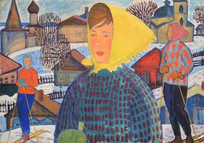 Guennady MYZNIKOV (Artiste russe, née en 1933) « Jeunes femmes au ski »

Gouache*...