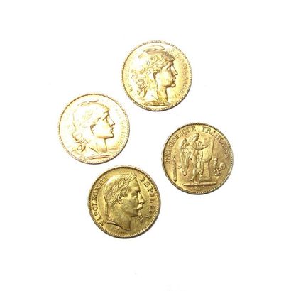 PIECES 20F OR 4 PIECES de 20F or, datées 1869, 1896, 1910 ET 1911.

Poids: 25.70...