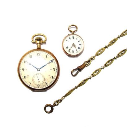 MONTRES DE POCHE ET CHAINE EN OR LOT en or jaune 18k (750/°°), composé d'une montre...