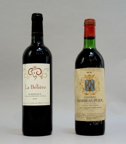 BORDEAUX ROUGES 2 bouteilles: 

- 1 bouteille de Château Marbeau Pujol, 1978, Graves...