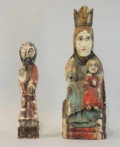 SCULPTURES Ensemble de deux statues (Saint, Vierge à l'enfant) en bois sculpté polychrome


H...