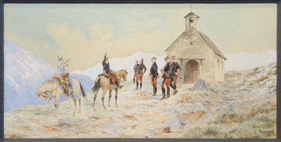 Louis RAMBAUD (XIXe-XXe) "Officiers près d'une chapelle en haute montagne"

Aquarelle...
