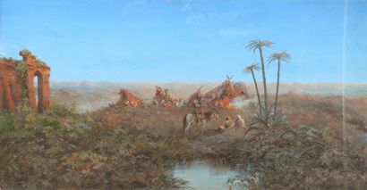 Paul PASCAL (1832-c.1903) "Le campement près d'une oasis et des ruines"

Gouache...