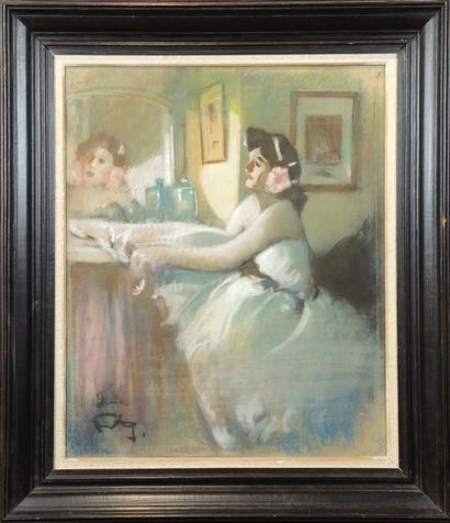 Louis FORTUNEY (1875-1951) "Danseuse dans sa loge, devant un miroir"
Pastel signé...