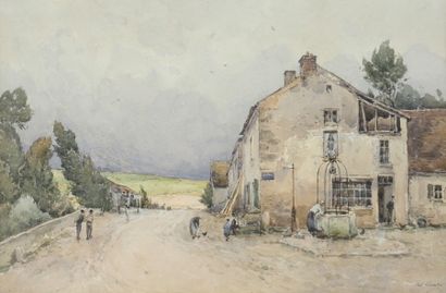 Paul LECOMTE (1842-1920) "Vue de village animé avec effet de bourrasque dans les...