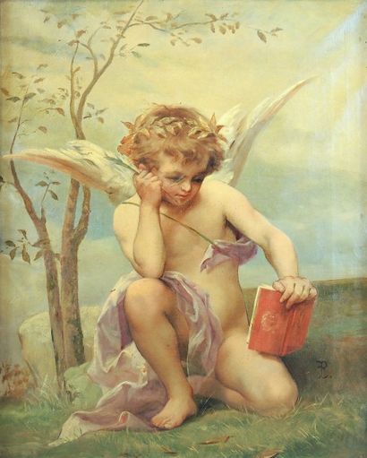 Louis PRIOU (XIXe) "Cupidon accroupi près d'un jeune arbre, tenant un livre dans...