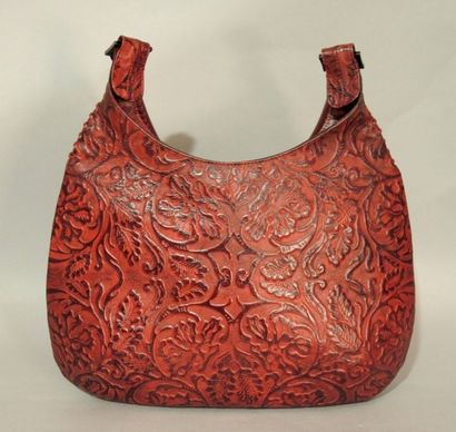 KENZO Sac en cuir frappé à motif floral bordeaux/rouge, fermeture éclair, une anse...