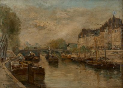 Gustave MADELAIN (1867-1944) "Quais de Seine, le Pont Neuf et la place Dauphine au...