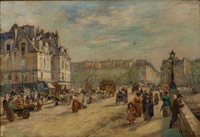 Gustave MADELAIN (1867-1944) "La place de la Dauphine, rue animée"
Huile sur toile,...